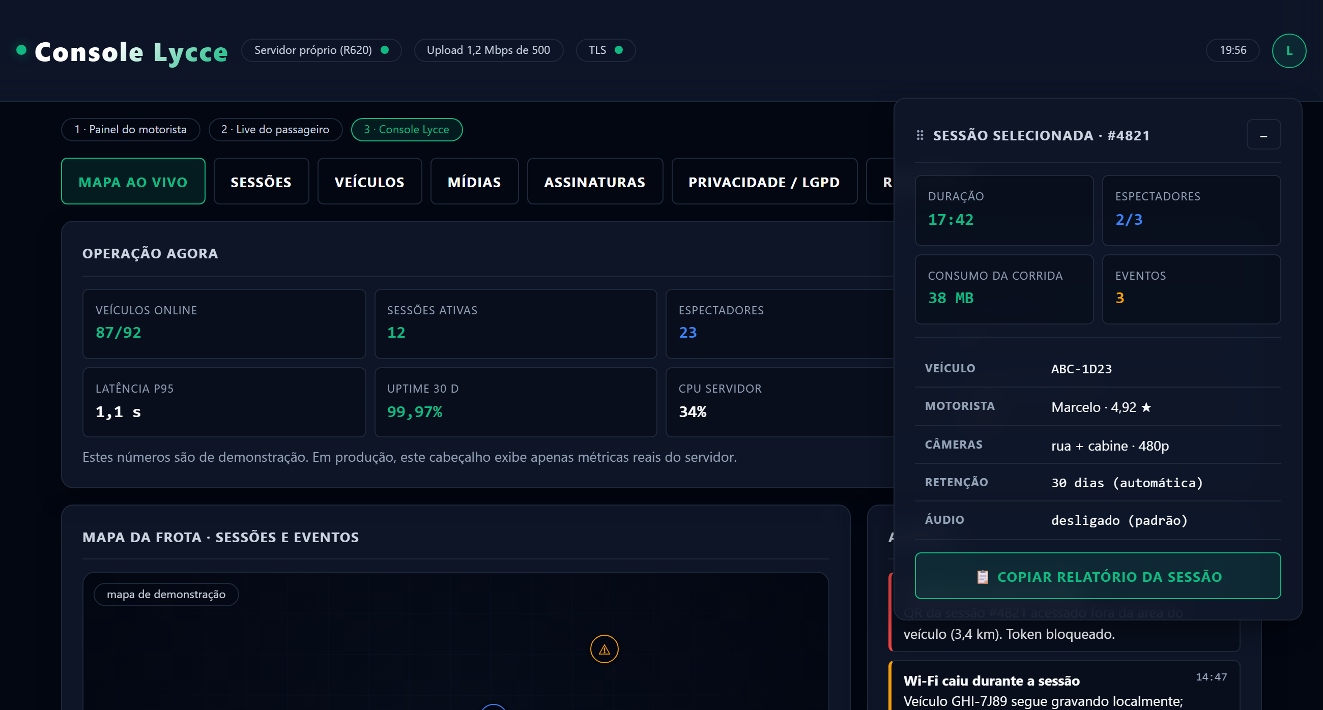 Console Lycce — parte superior: módulos, operação e mapa da frota